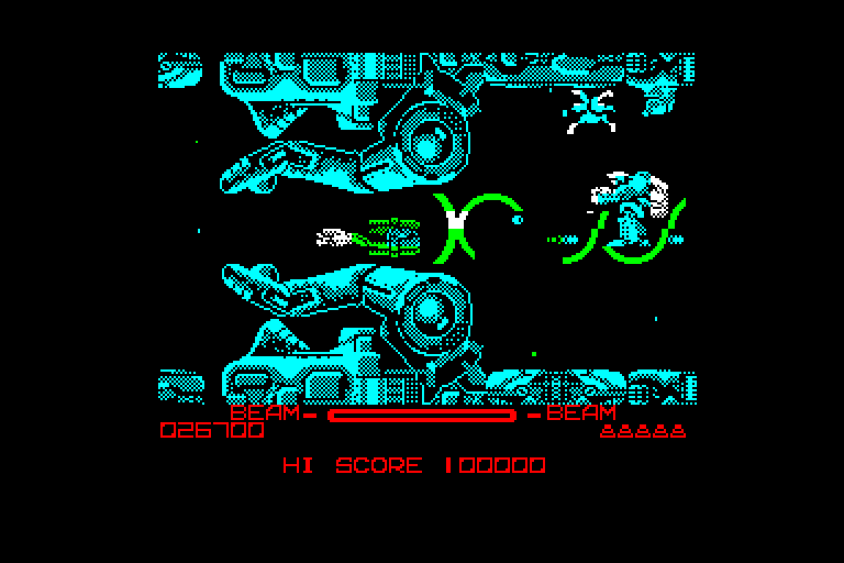 game screenshot of the original R-Type on Amstrad CPC