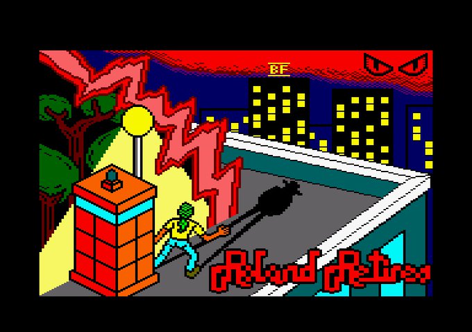 graphical loading screen for Roland Retires, an Amstrad CPC game by Brick Fabrik