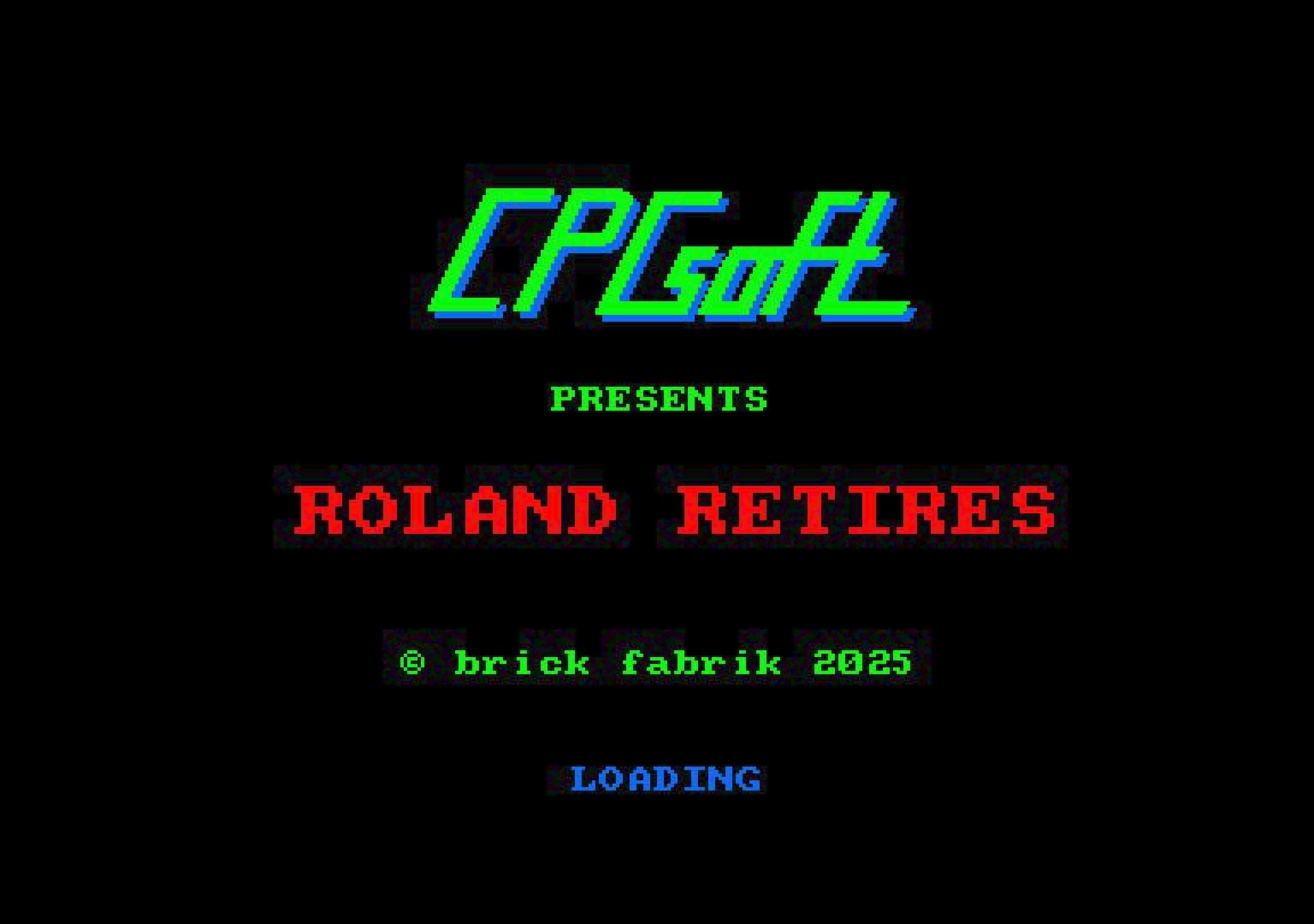 écran de chargement du jeu à l'ancienne de Roland Retires, un jeu Amstrad CPC par Brick Fabrik