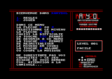 menu screen of the Amstrad CPC reflexion game : Kamyzol